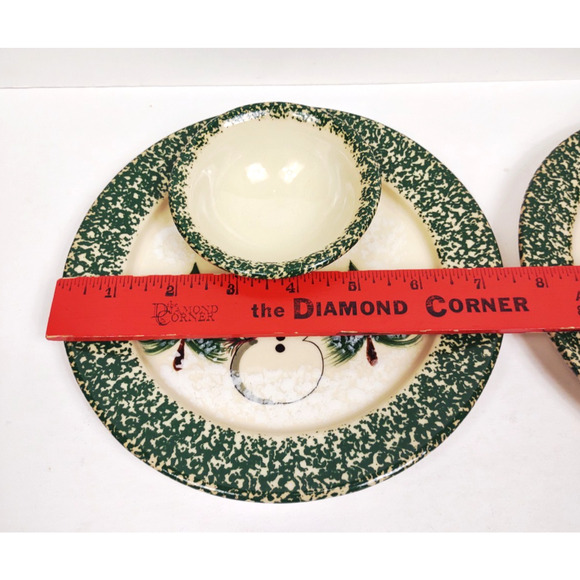2 Handmade Chip & Dip Plates Snowman & Pines Patton Pottery White & Green 7.5" - Picture 5 of 6